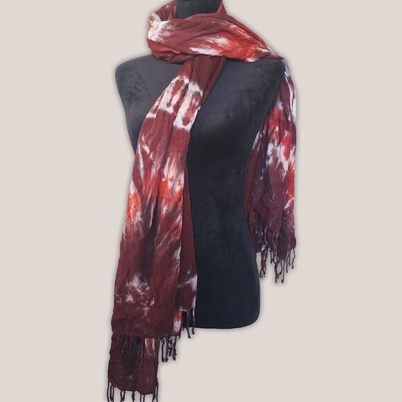 NWT Elden Tie Dye Scarf Rust Burgundy Fringe Wrap Southwest Rayon 44x72 - Picture 4 of 4